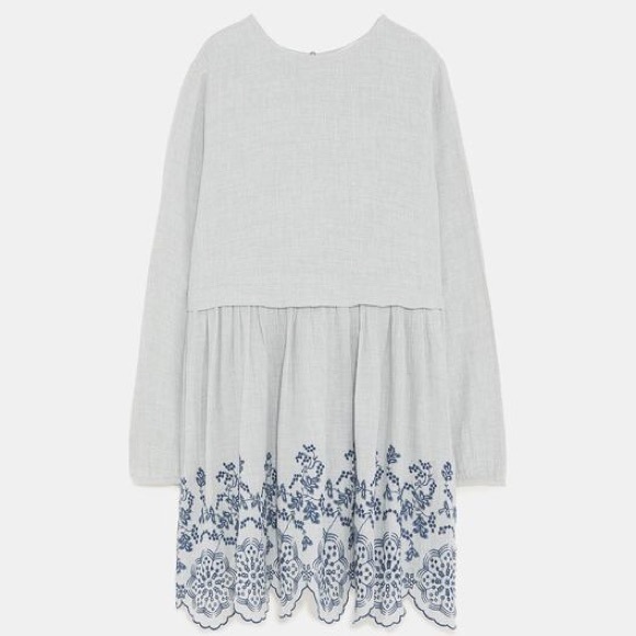 Zara Dresses & Skirts - DOVE GREY DRESS WITH NAVY EMBROIDERY 💕